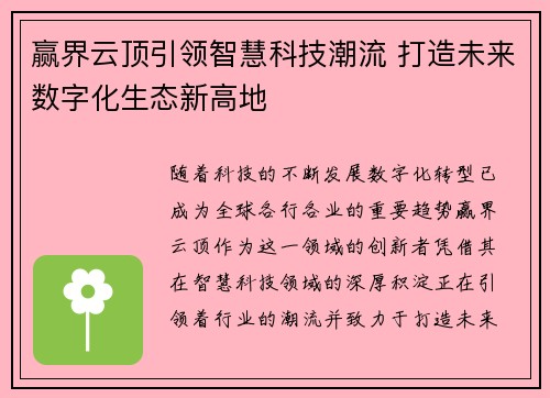 赢界云顶引领智慧科技潮流 打造未来数字化生态新高地